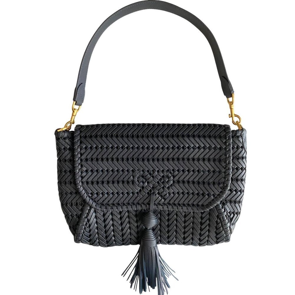 Anya Hindmarch Neeson Tassel Shoulder Bag Capra Leather Dark Marine Blue Woven